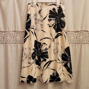 Talbots Black/White Floral Pattern Pure Silk Midi Skirt
